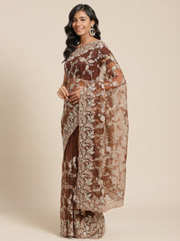 Resham Embroidered Net Saree with Zari and Crystal Embellishments
