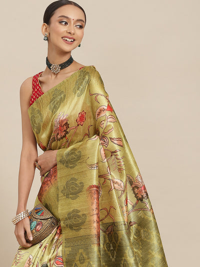 Chhabra 555 Mehendi Green Floral Digital Printed Jute Silk Saree With Paisley Woven Border & Blouse