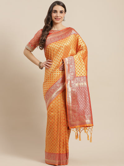 Chhabra 555 Orange Silk Meenakari Banarasi Saree Embellished with Resham Weaving & Contrast Border

Color: Orange

Type: Banarasi Sarees

Pattern: Embroidered

Pattern Type: Woven Design

Ornamentation: Zari

Border: Woven Design

Fabric: Art Silk

Saree length: 5.50 mtr., Width: 1.10 mtr, Blouse length: 0.70 mtr
Dry Clean

The CAD image gives a detailed look of the actual blouse piece that comes with this saree. The blouse used by the model in the pictures is only for styling purpose.
