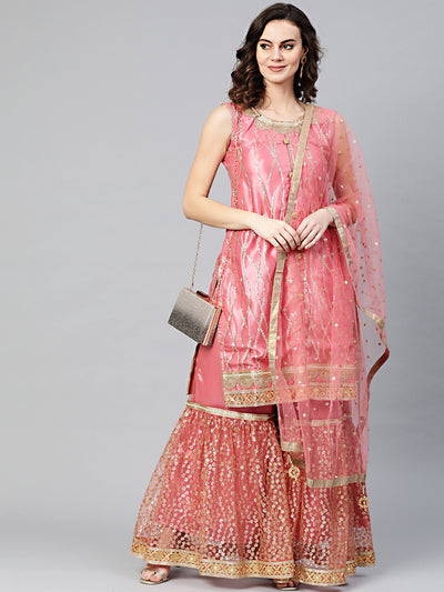 Chhabra 555 Made to Measure Pink Kurta Sharara Set With Sequin and Pearl embroidery and cut-work mirror embellished border