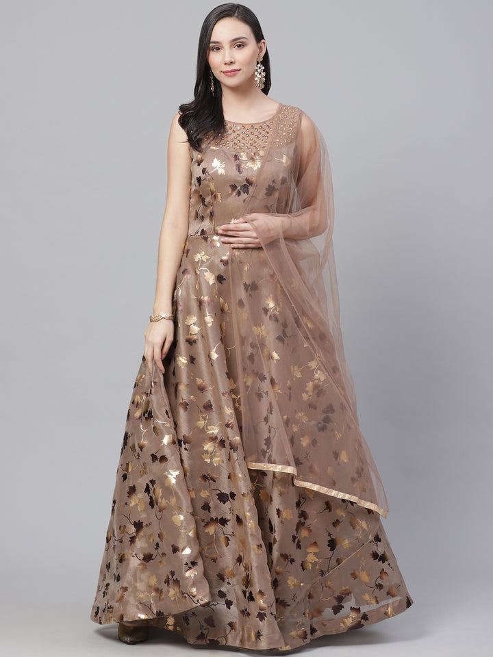 Made to Measure Cocktail Organza Gown with Floral Foil Print & Embellished Neckline