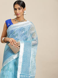 Chhabra 555 Pastel Blue Printed Floral Summerish Kota Cotton Saree