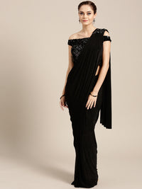 Draped Ruffled Pre-stitched Saree with Off-shoulder Sequined Crop Top Blouse