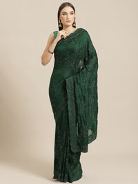 Bottle Green Raw Silk Scalloped Cut Work Saree with Stone & Resham Thread Embroidery