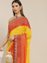 Chhabra 555 Yellow Ombre Bandhej Foil Print Georgette Traditional Saree with Embroidered Border