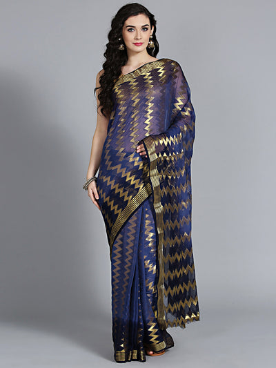 Chhabra 555 Mysore khaddi georgette blue saree with geometric handloom weaving pattern