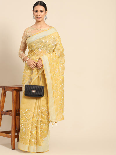 Chhabra 555 Golden White Resham thread Embroidery Embellished Chanderi Cotton Saree with Tassels 