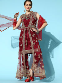 Chhabra 555 Maroon Net Zari Embroidererd Suit Set with matching Long Jacket & dupatta