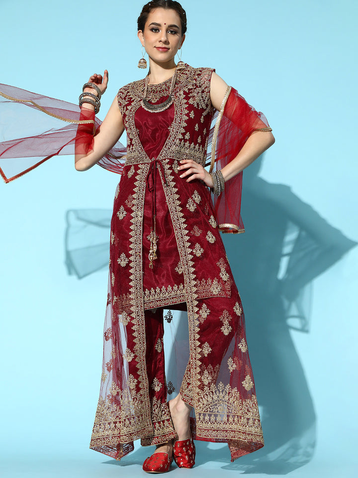 Chhabra 555 Maroon Net Zari Embroidererd Suit Set with matching Long Jacket & dupatta