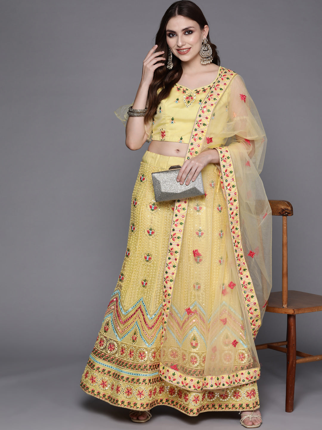Chhabra 555 Semi-stitched Mirror Embellish Chevron Net Lehenga Set With MultiColor Resham Embroidery