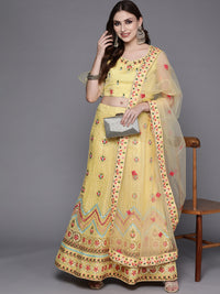 Chhabra 555 Semi-stitched Mirror Embellish Chevron Net Lehenga Set With MultiColor Resham Embroidery