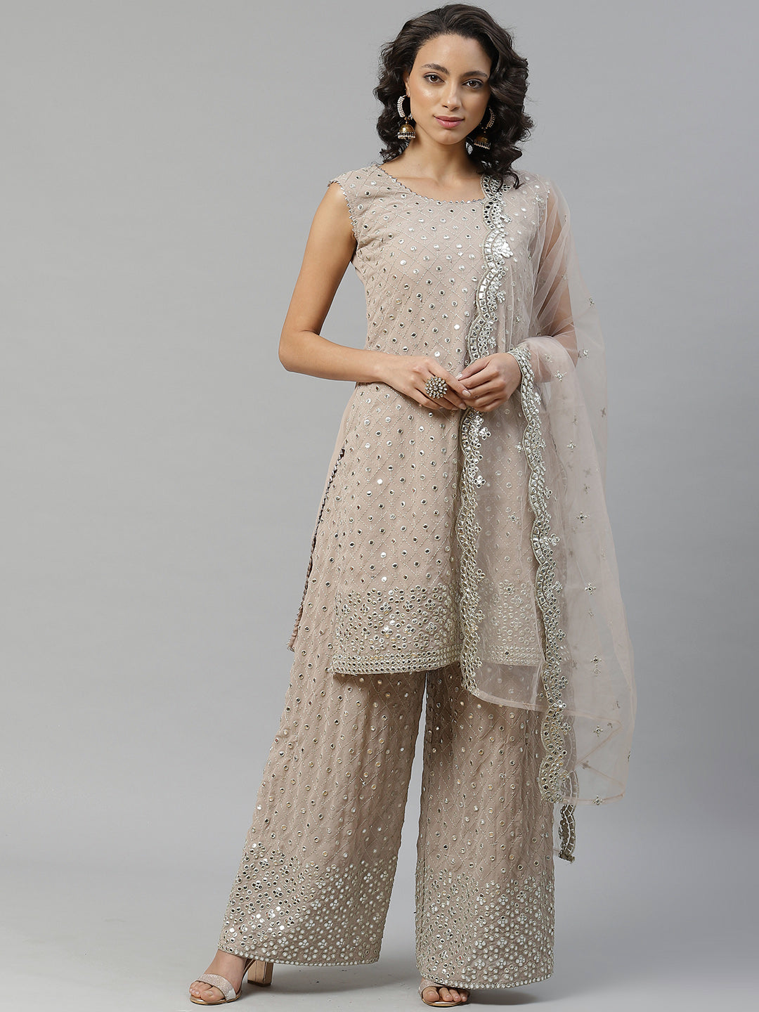 Made to Measure Gota Patti & Mirror Embroidery Kurta Pallazo Set With Scallops Dupatta