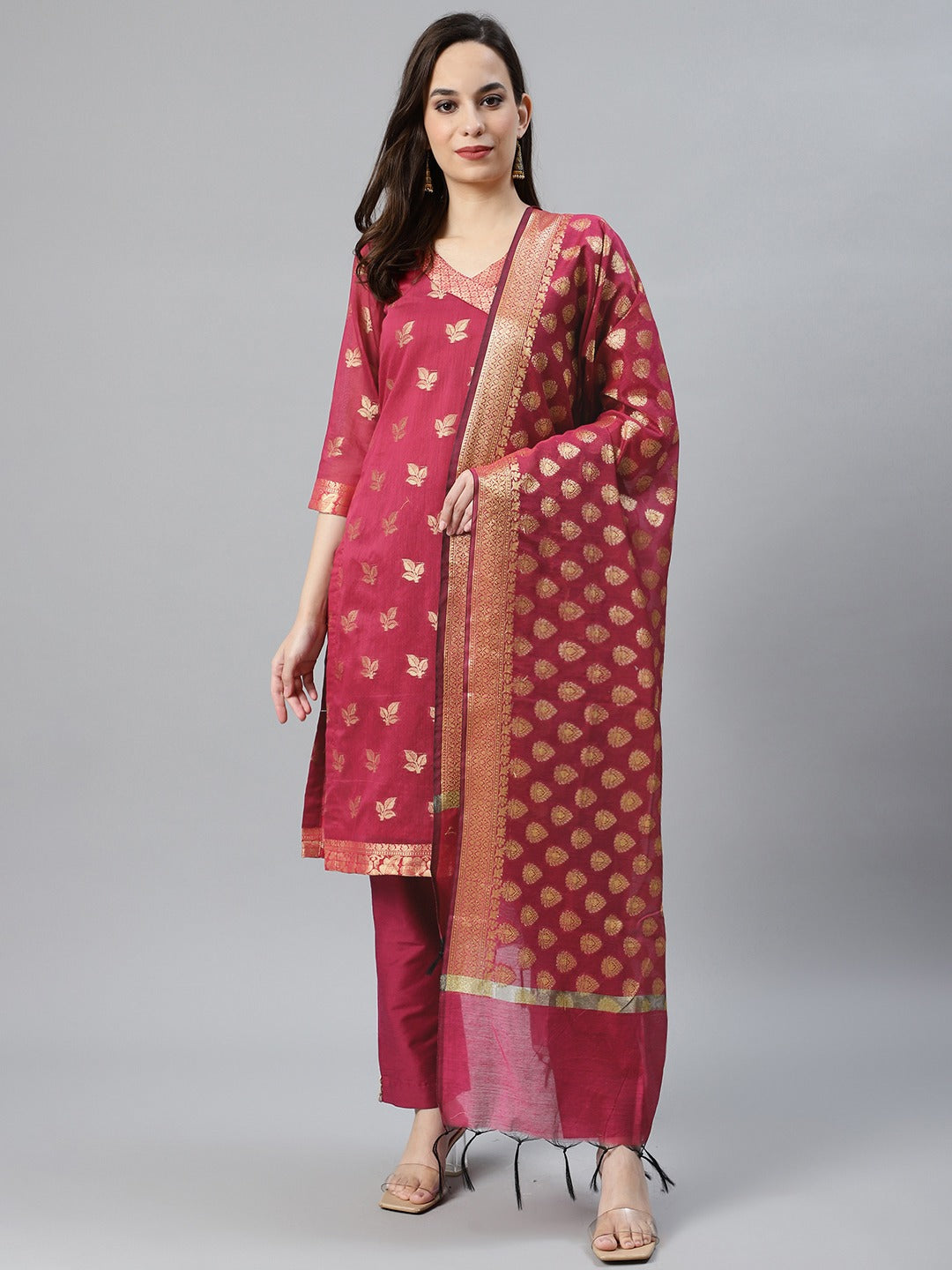 Chhabra 555 Banarasi Chanderi Silk Agarakha Pants Set with Woven Banarasi Dupatta &Tassels
