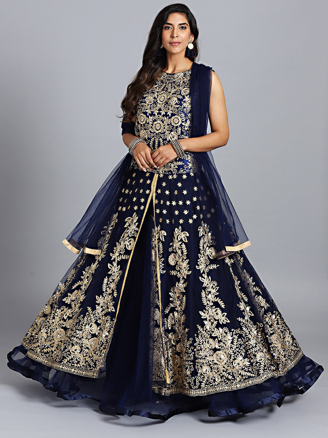 Chhabra 555 Navy Blue Net Heavy Embroidered Swarovski & Mirror Work Embellished Stitched Gown With Net Dupatta