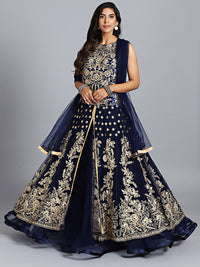 Chhabra 555 Navy Blue Net Heavy Embroidered Swarovski & Mirror Work Embellished Stitched Gown With Net Dupatta