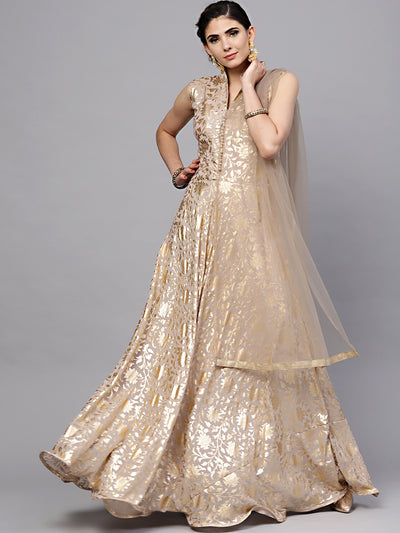 Chhabra 555 Made-to-Measure Gold Georgette Flared Gown with Self-pattern Floral Foil and Dupatta  