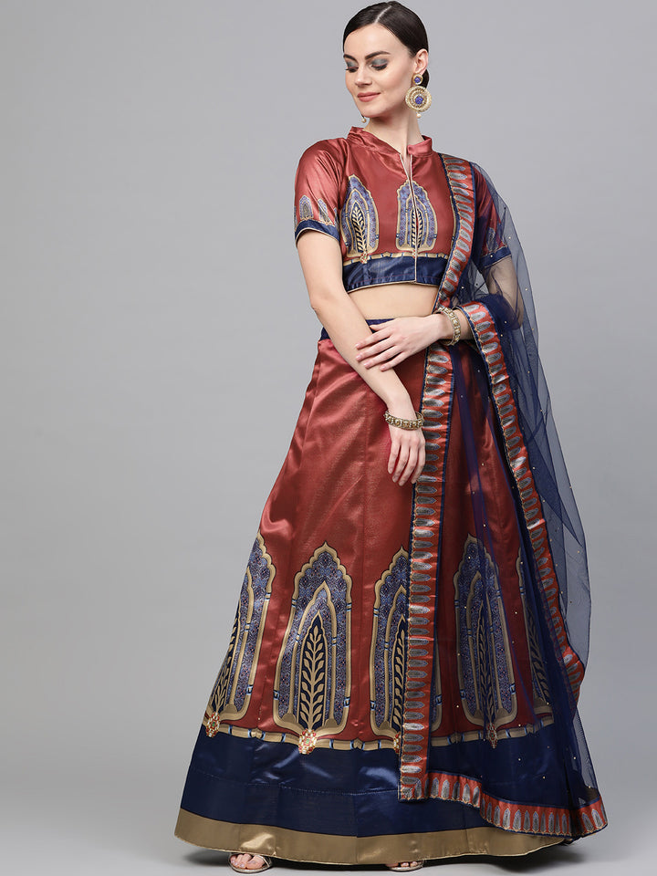 Chhabra 555 Blue Satin Silk Semi-stitched Digital Print Lehenga Set with Paisleys & Contrast Dupatta