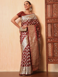 Chhabra 555 Maroon Kanjeevaram Banarasi Silk Zari Handwoven Saree with Contemporary Chevron pattern