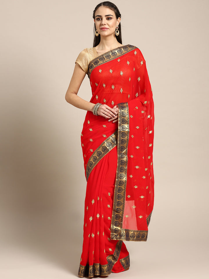 Chhabra 555 Georgette Embroidered Saree with brocade border and crystal embellishments