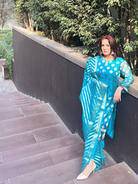 Chhabra 555 Turquoise Blue Embellished Dress Material with Organza Woven Tassled Dupatta