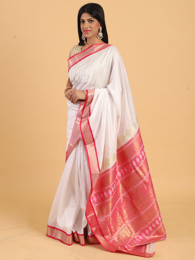 Chhabra 555 White & Pink Handloom Traditional NarayanPet Silk  Saree