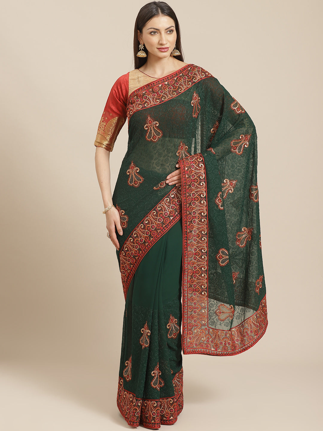 Green Georgette Resham Embroidered Saree With Gold Intricate Paisley Motifs & Swarovski Crystals