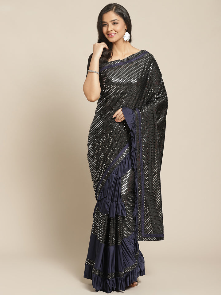 Bling Lycra Ruffled Saree with Festive Layering & Sequence Embroidery Patchwork