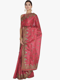 Bright Red Tussar Silk Saree with Resham Embroidery