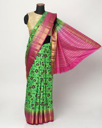 Banarasi Art Silk Saree in Ikat Inspired Floral Pattern & Intricate Woven Temple Border