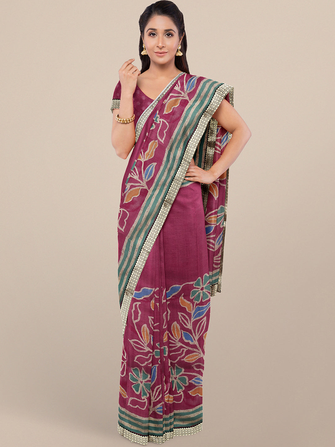 Chhabra 555 Magenta Pink Bhagalpuri Floral Printed Silk Saree with Brocade border