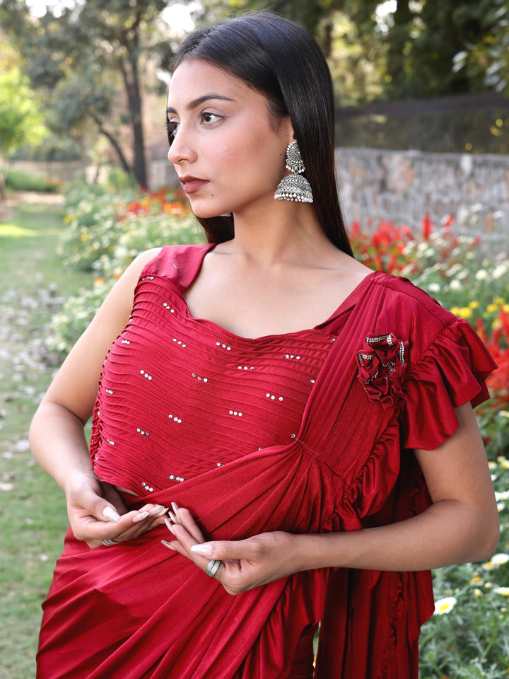 Chhabra 555 Pre-Stitched Ruffled Saree with Pleated Crystal Studded Crop Top Blouse
