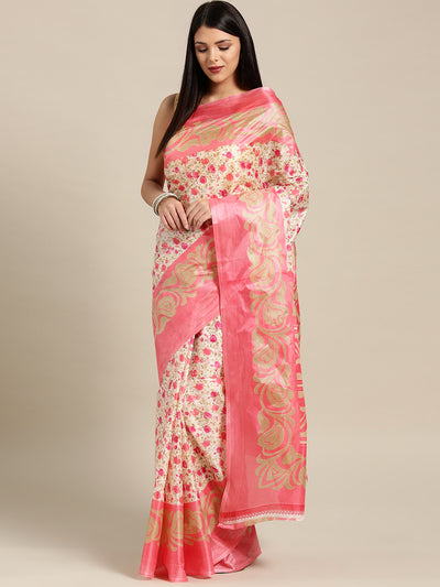 Chhabra 555 Beige pink Printed Bhagalpuri Saree with Multicolor Floral and Paisley motifs