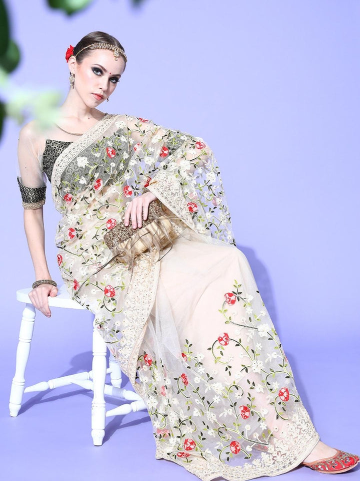 Chhabra 555 Cream Multi Color Resham Embroidered Contemporary Tulle Saree