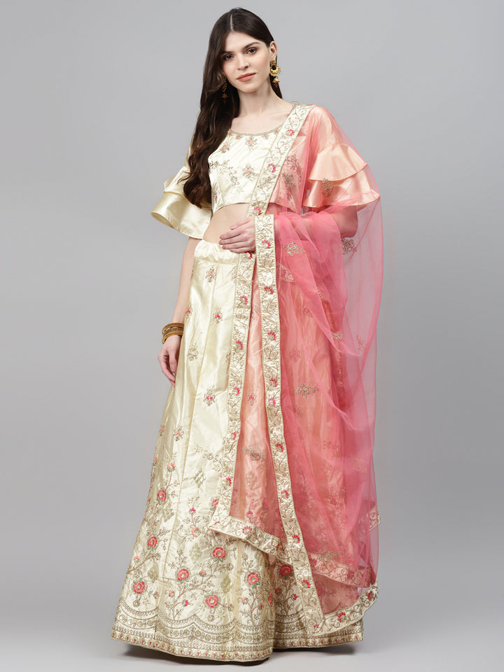 Ivory Semi-Stitched Lehenga Set with Zari & Resham Meenakari Floral Embroidery