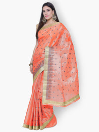 Peach Tussar Silk Embroidered Party Wear Saree