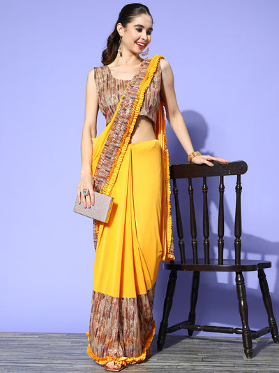 Chhabra 555 Made to Measure Pre-Draped Yellow Lycra Ruffles Saree With Sequence Embellished Blouse