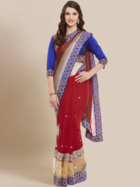 Maroon & Blue Embroidered Georgette Half & Half Saree.