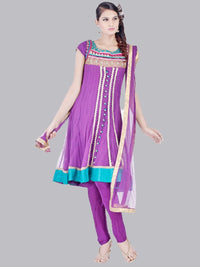Purple Embellished Net Anarkali Suit Set With Net Dupatta