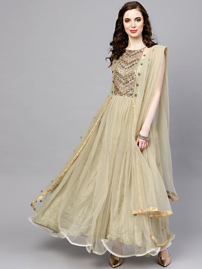 Chhabra 555 Made-to-measure Sea Green Layered Gown with Crystal Zari Embroidery and Dupatta