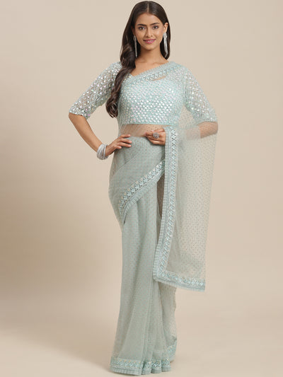 Chhabra 555 Ice Blue  Resham Embroidered & Crystal Embellished Tulle Saree with Pleated Border 