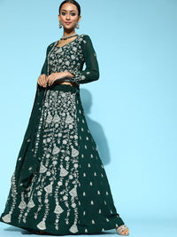Bottle Green Georgette Flared Lehanga Choli with Floral Zari Embroidery