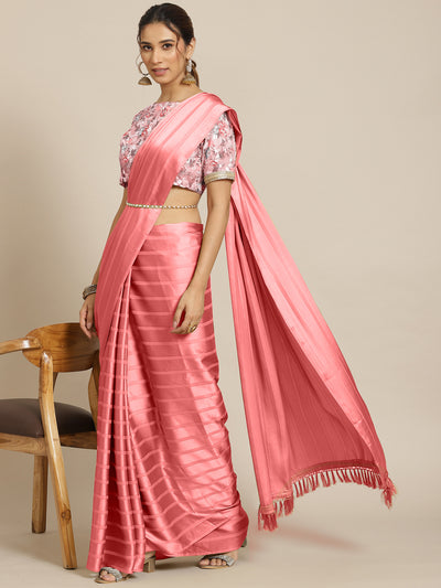 Chhabra 555 Pastel Pink Lucex Striped Satin Saree With Floral Shiffli Embroidery Blouse & Tassels