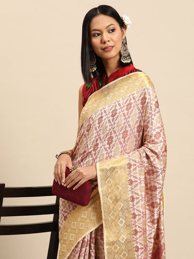 Chhabra 555 Cream Woven Traditional Silk Saree With  Maroon Resham Weaving & Golden Zari Border