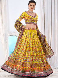 Crystal Embellished Bright Yellow Kalidar Lehenga Choli Set & Dupatta