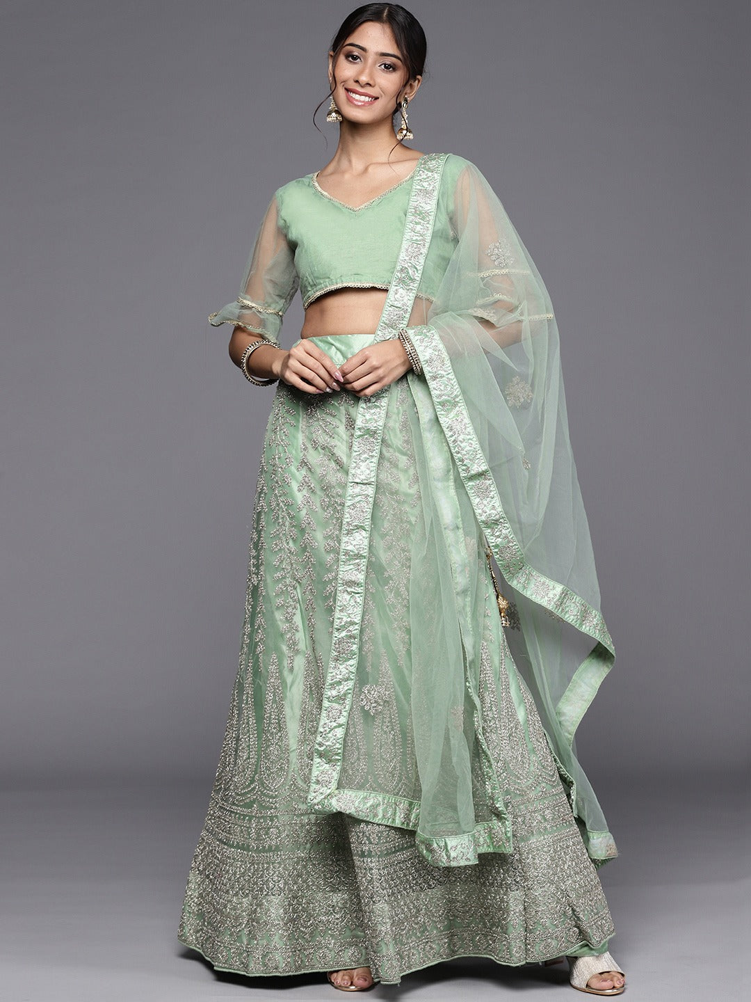 Chhabra 555 Pastel Sea Green Silver Jaal Kasab Zari Semi-Stitched Net Embroidered Lehenga Set