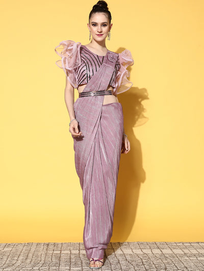 Chhabra 555 Lilac Lycra Pleated Belt Saree & Applique work, Embellished Ruffled Sleeves Blouse  