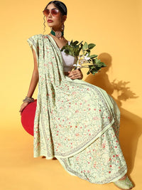 Chhabra 555 Pastel Green Floral Resham Emboidered Chinnon Saree With Crystal Embellished Border