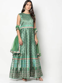 Chhabra 555 Made to Measure Green Ikat inspired Digital Print Gown With Net Dupatta