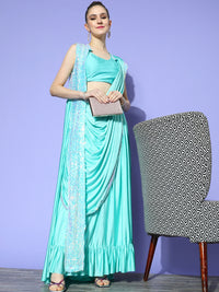 Chhabra 555 Made to Measure Draped Turquoise Lycra Sequence Ruffled Saree & Embellished Jacket