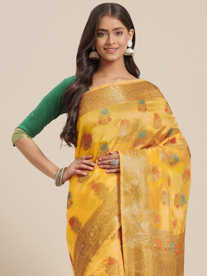 Chhabra 555 Yellow Chanderi Brocade Traditional Saree with Meenakari Floral Motifs